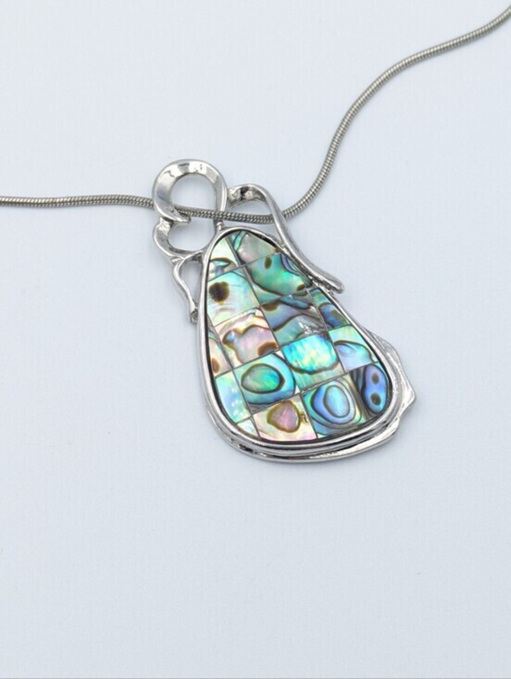 Silver tone abalone shell pendant chain necklace art nouveau design